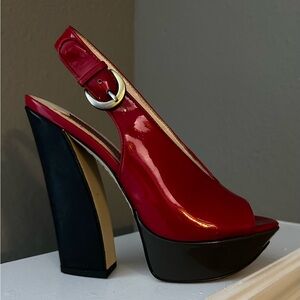 Nine West Red and Black Platform Slingback Heels